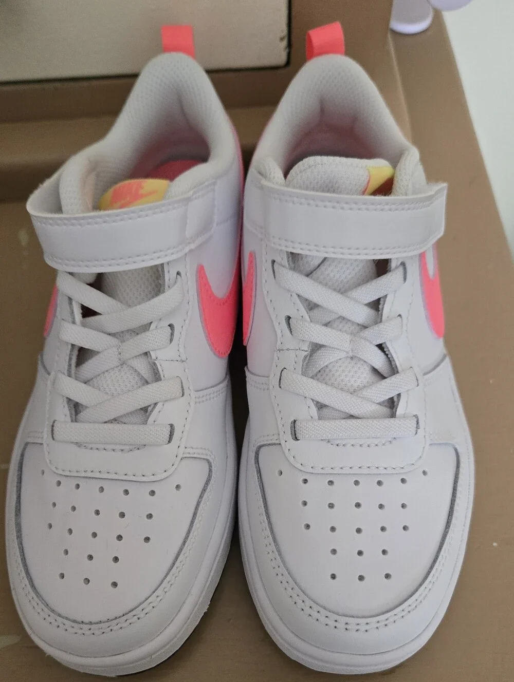 Nike Kids White Sneakers with Neon Pink Swoosh